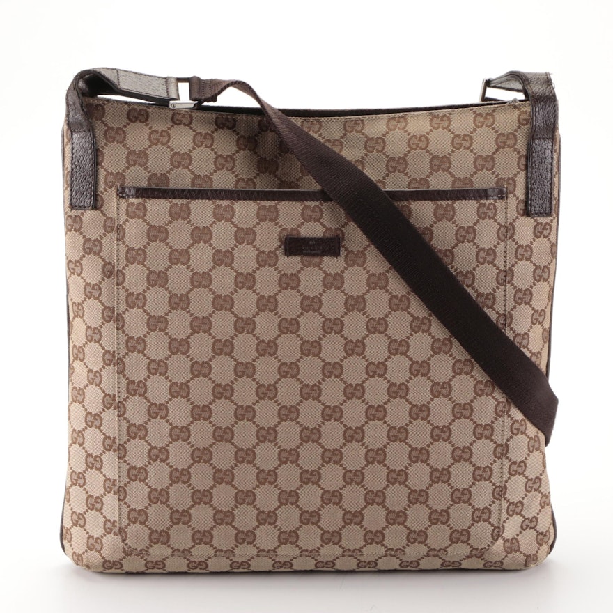 Gucci Crossbody Bag in GG Canvas and Brown Leather Trim