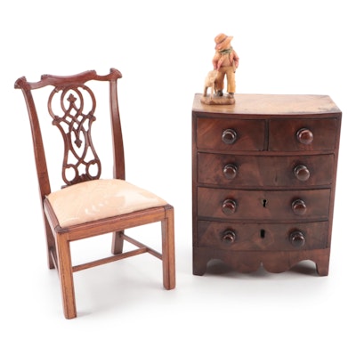Chippendale Style Miniature Chair with Other Miniature Chest and Figurine