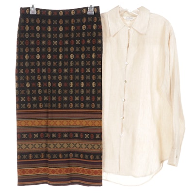 Henri Bendel Linen Button-Up Shirt and Peruvian Connection Knit Skirt