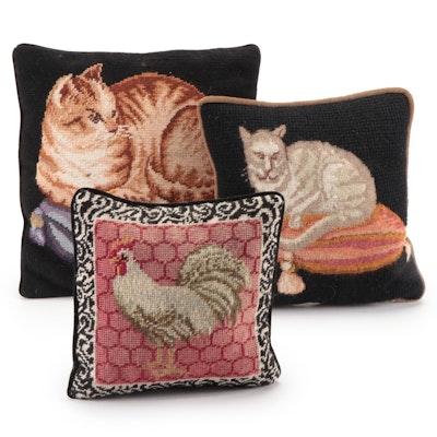 Cat and Rooster Needlepoint Accent Pillows, Late 20th Century