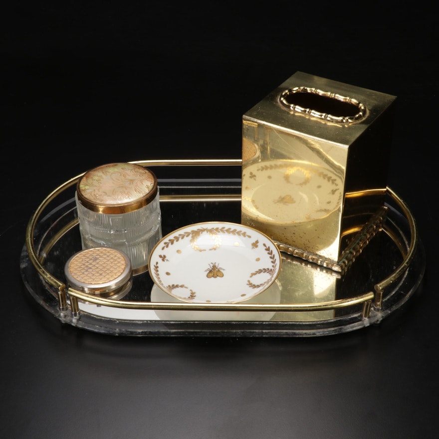 Art Deco Style Acrylic and Brass Tray with Limoges Dish and Other Vanity Items