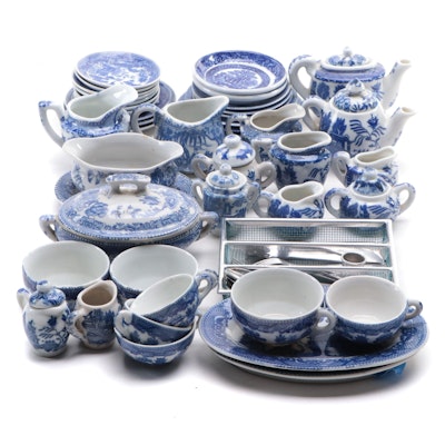 William Adams & Sons and Other Blue Willow Play Tea Set and Flatware
