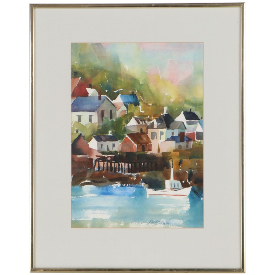 Nancy Pendery Harbor Town Landscape Watercolor Painting, 1990
