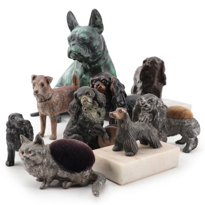 Cold Painted Bronze Spaniel Tape Measure with Other Pin Cushions and Figurines