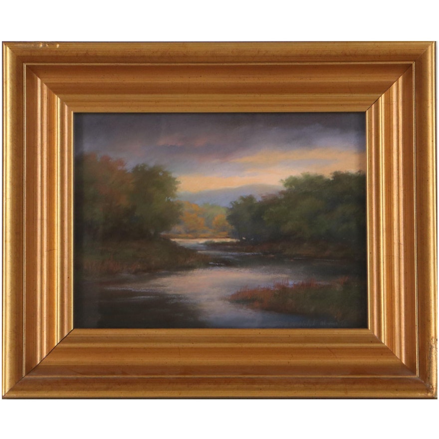 Jane Bloodgood-Abrams Lake Landscape Pastel Drawing "Morning on the Creek," 1998