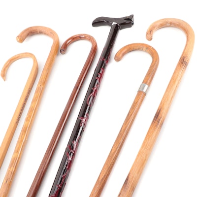Crook Handled Wooden Walking Canes with Figural Handled and Painted Walking Cane