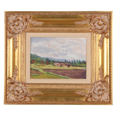 Nancy Pendery Landscape Oil Painting of Farm Yard, Late 20th Century