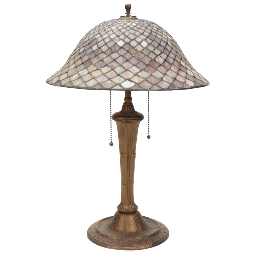 Quoizel Collectible Bronzed Cast Metal and Slag Glass Table Lamp, 1940s