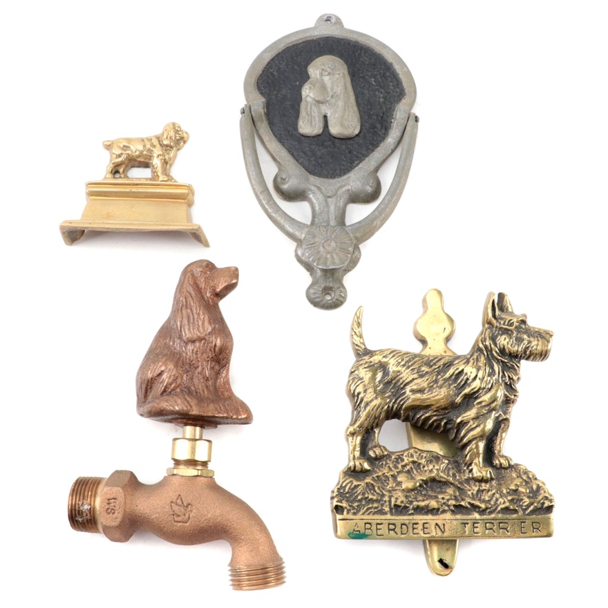 Brass, Copper and Metal Dog Door Knockers, Figurine and Faucet and Spigot