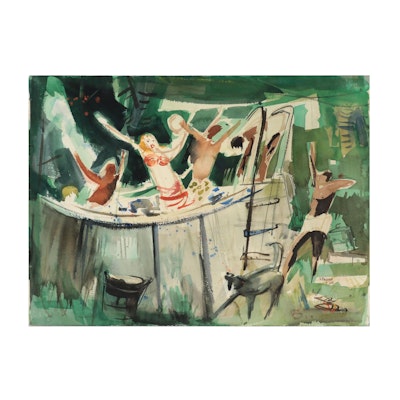 Virginia Brooks Modernist Watercolor Painting of Pool Scene, Late 20th Century