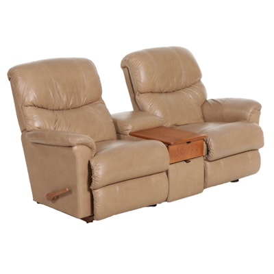 La-Z-Boy Bonded Leather Left and Right Manual Recliners with Oak-Top Table