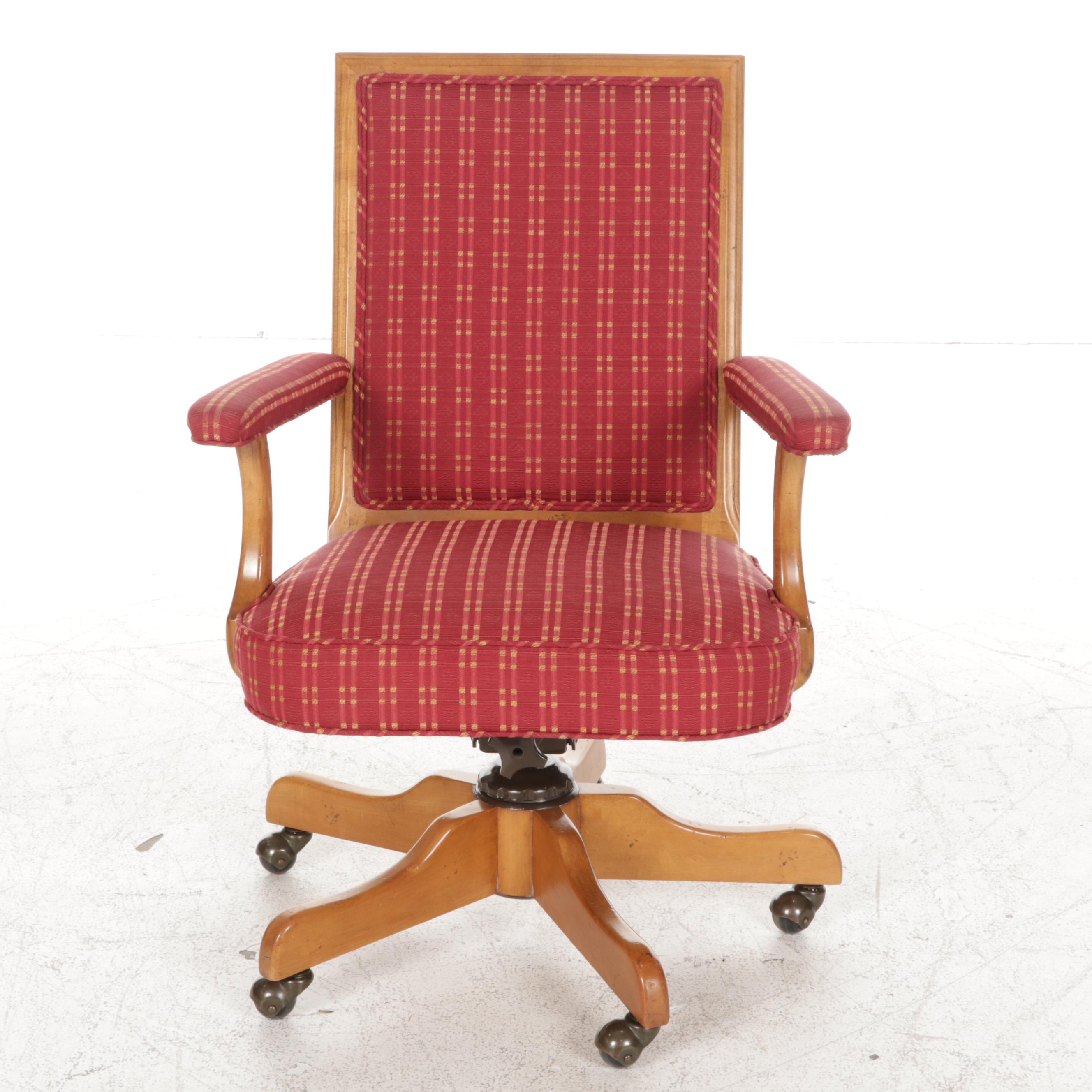 Century Chair Company Cherry Wood Plaid Upholstered Swivel Desk Chair