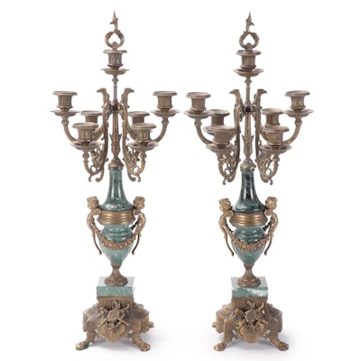 Italian Neoclassical Style Gilt Metal Mounted Marble Candelabras, 20th Century