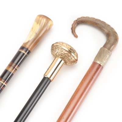 Carved Antler Handled Cane, Bridges Brass Knob Cane, Stacked Horn Walking Stick
