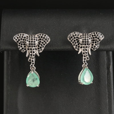 Sterling Emerald and Cubic Zirconia Elephant Drop Earrings