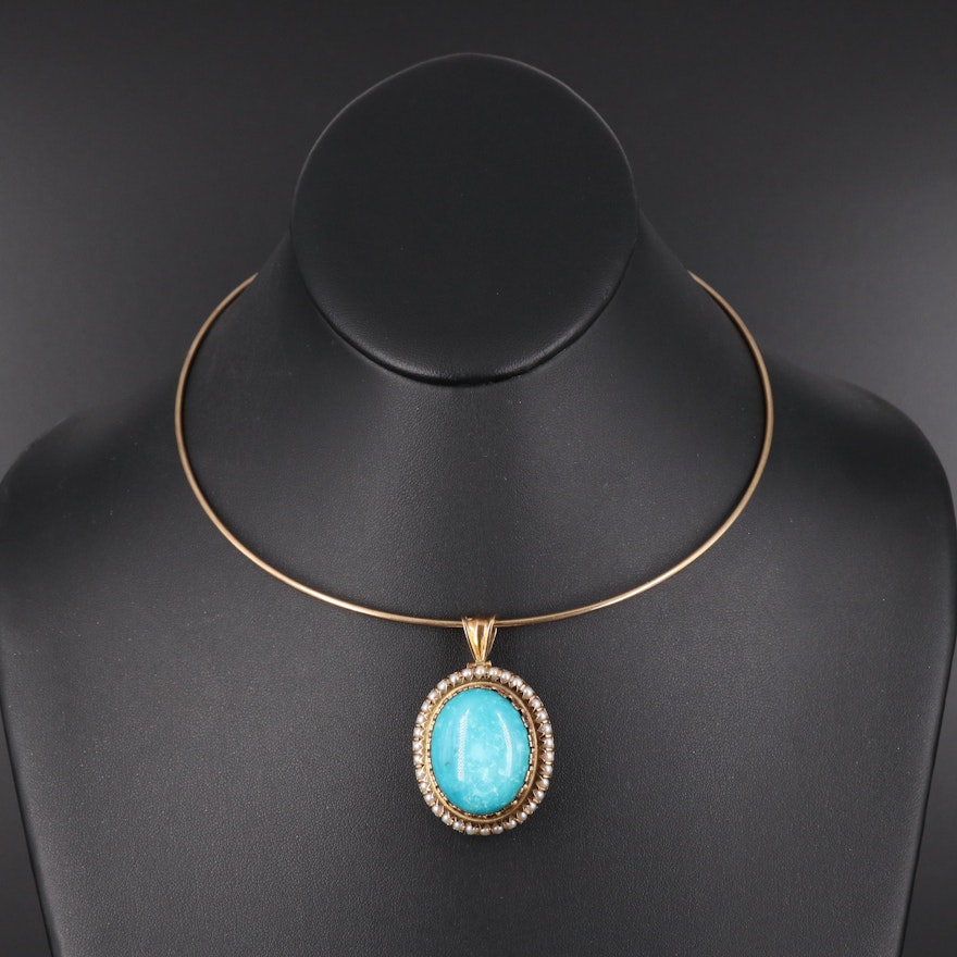 14K Turquoise and Seed Pearl Converter Pendant Necklace