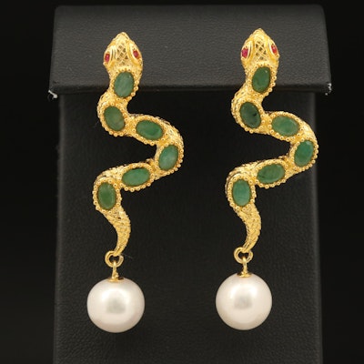 Sterling Pearl, Emerald and Ruby Snake Earrings