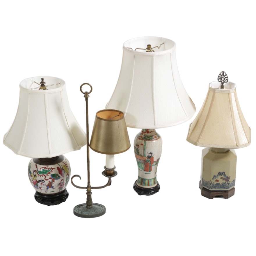 Paul Hanson Brass and Asian Porcelain Table Lamps, Mid to Late 20th Century