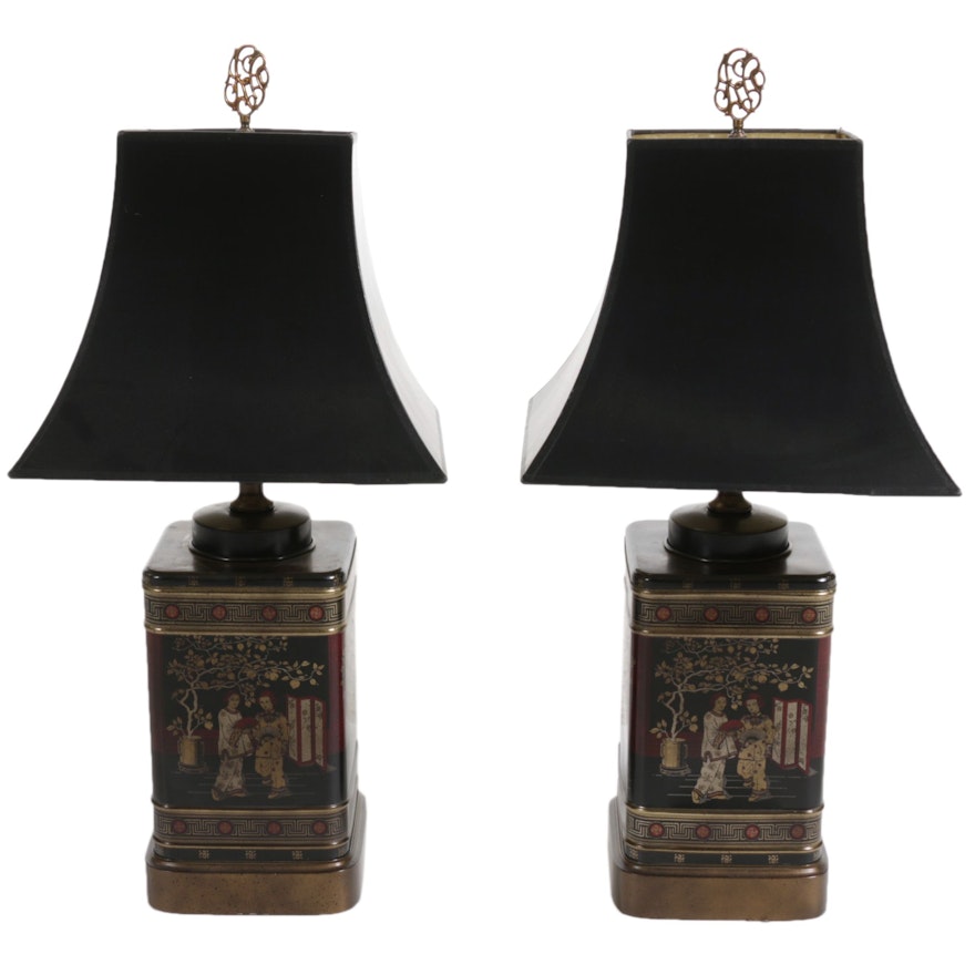 Pair of Chinoiserie Tea Tin Table Lamps, Mid-20th Century