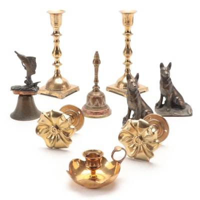 Chippendale Style Brass Candlesticks with Bells and Other Décor