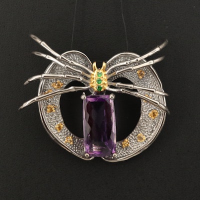 Sterling Amethyst, Tsavorite and Sapphire Spider Pendant
