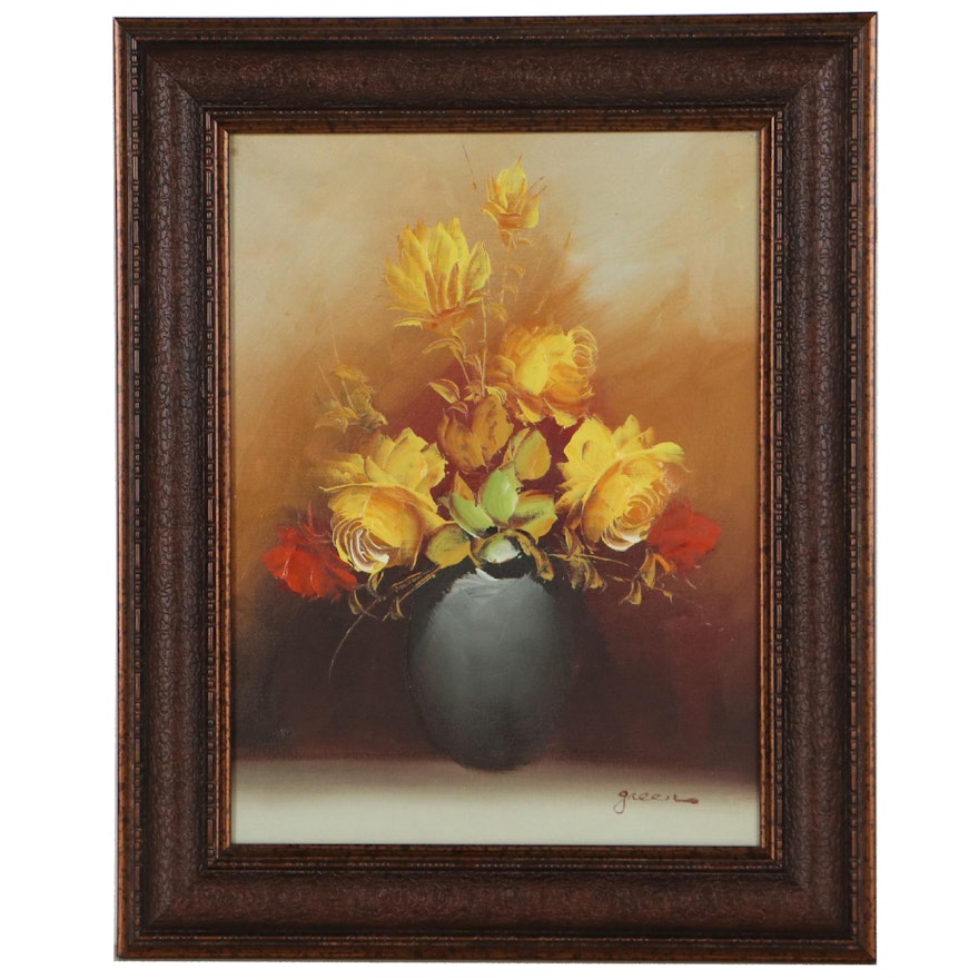 Green Floral Still Life Oil Painting, Late 20th Century