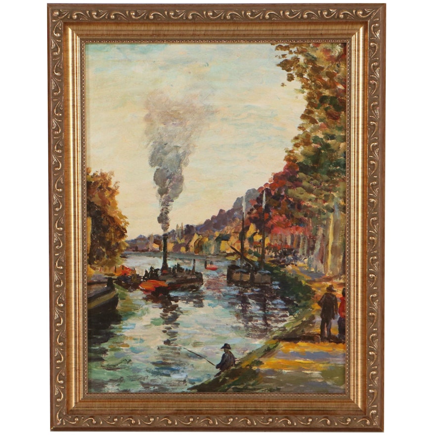 Riverscape Oil Painting With Steam Boats