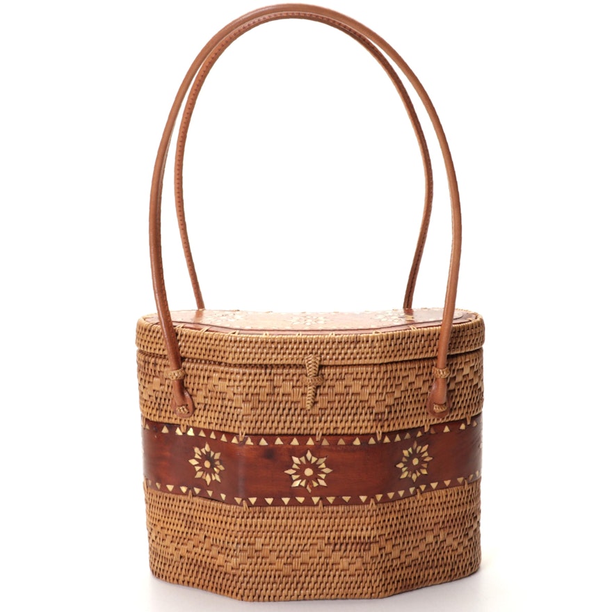 Woven Wicker Handbag with Wood and Mother-of-Pearl Inlay and Leather Handles
