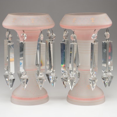 Pair of Hand-Painted Satin Glass Mantle Lusters with Prisms, 20th Century
