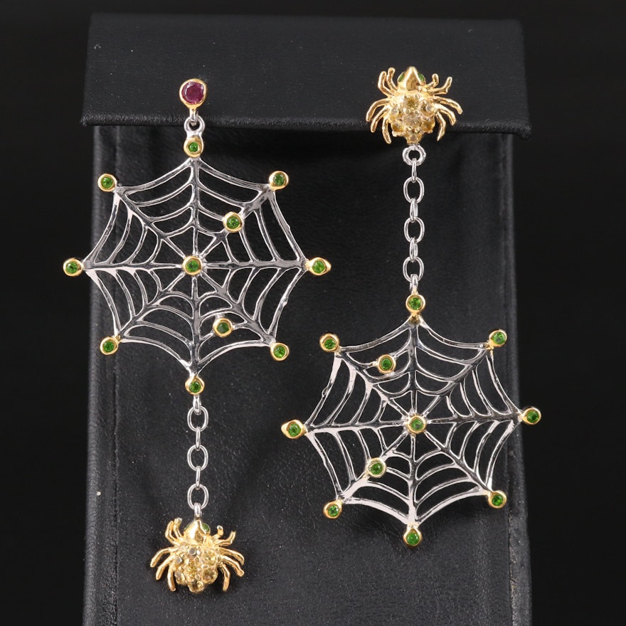 Sterling Diopside and Sapphire Spider and Web Earrings