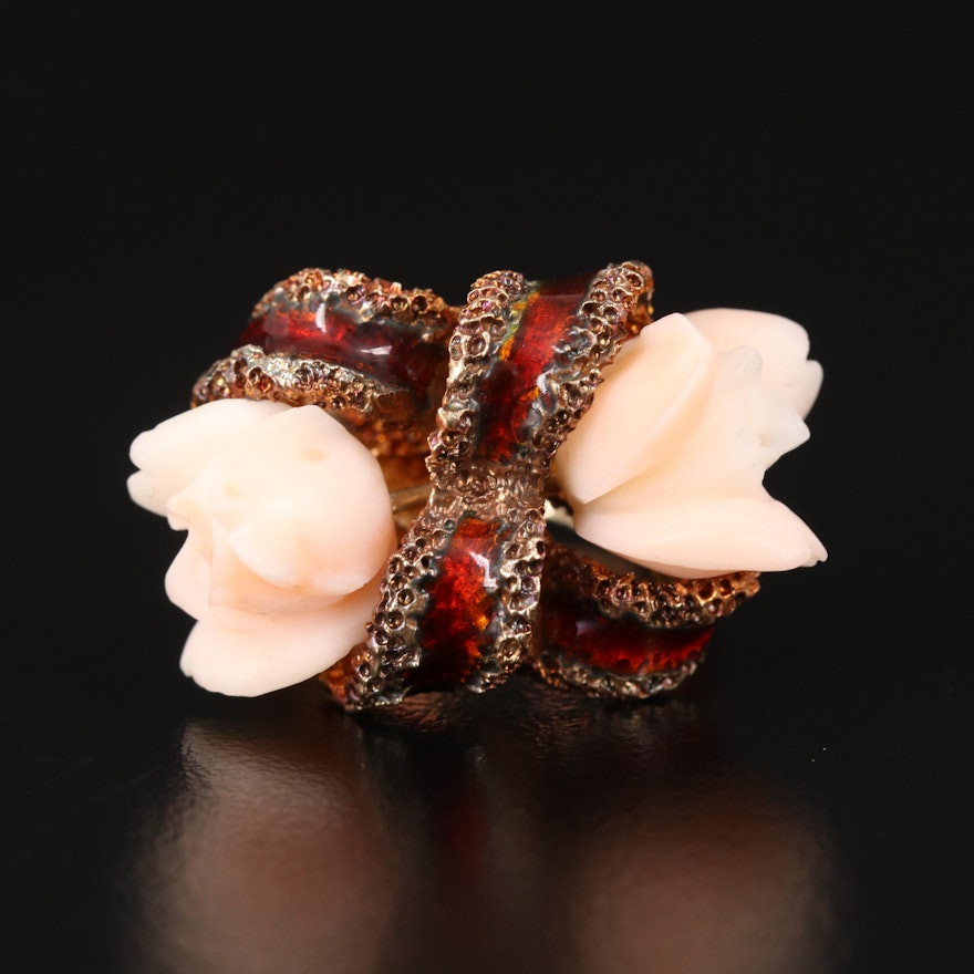 14K Coral and Enamel Floral Ring