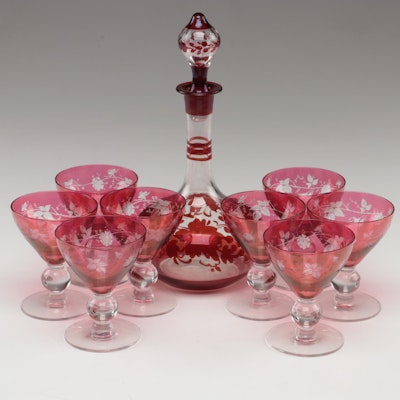 Bohemian Style Decanter with Etched Cranberry Flashed Wine Glasses