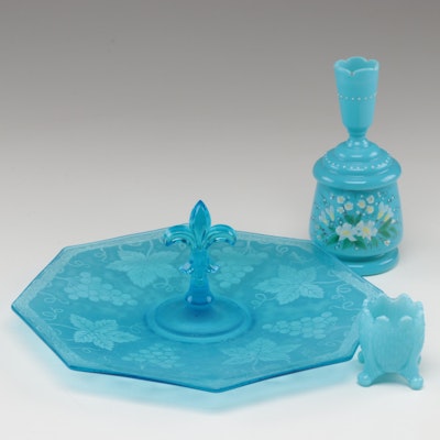 Guernsey Glass Toothpick Holder with Other Tray and French Blue Opaline Jar