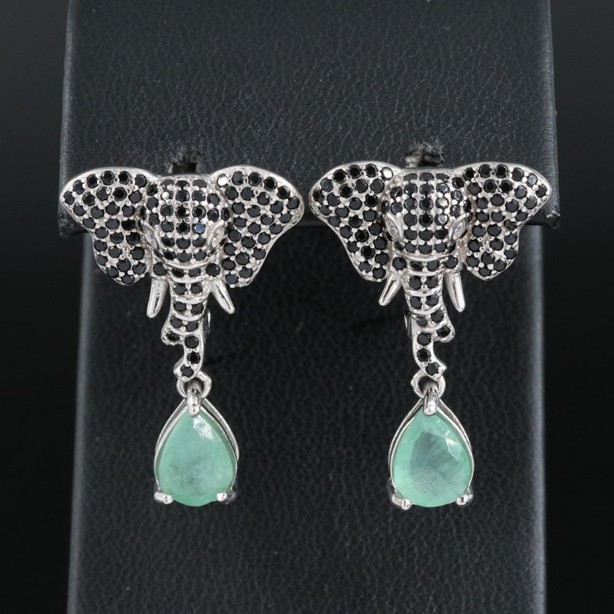 Sterling Cubic Zirconia and Spinel Elephant Earrings with Emerald Drops