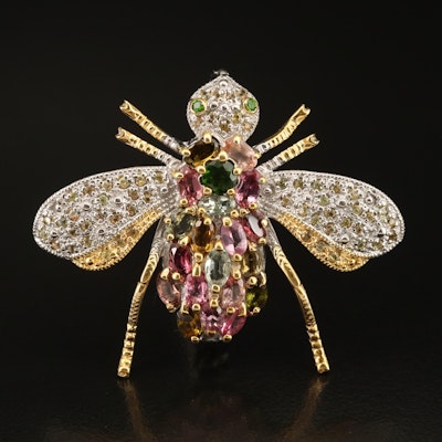 Sterling Aquamarine, Tourmaline and Gemstone Insect Brooch