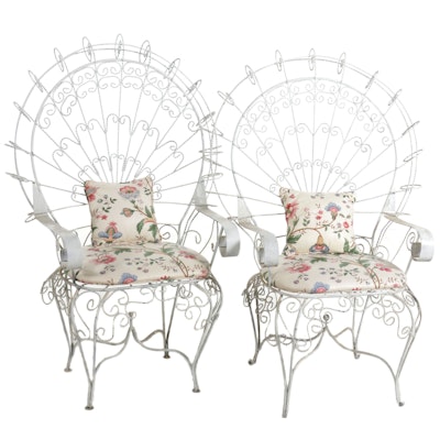 Two Victorian Style Scrolled Metal and Wire Peacock Armchairs