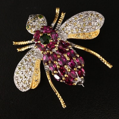 Sterling Garnet, Diopside and Sapphire Insect Brooch