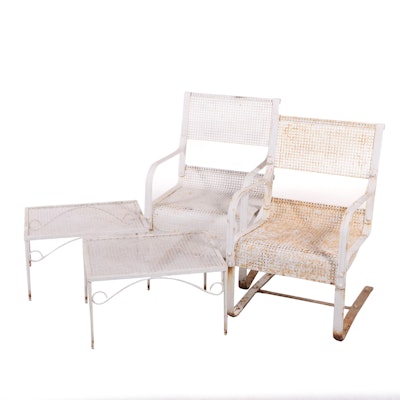 White Painted Metal Mesh Patio Chairs and Side Tables, Mid to Late 20th Century