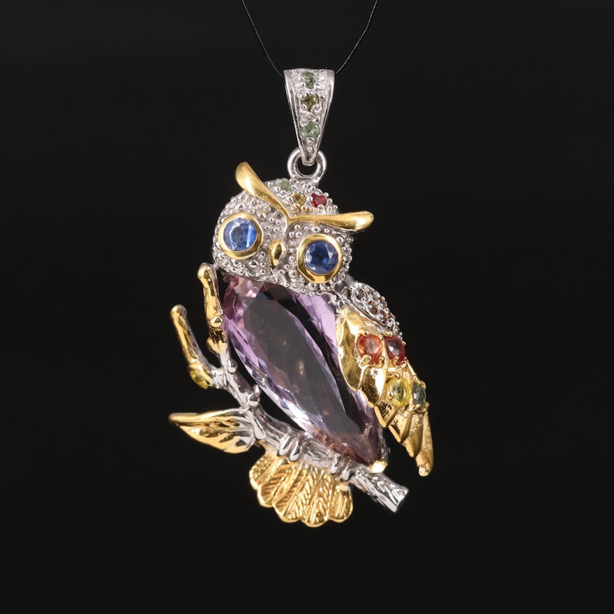 Sterling Owl Pendant with Amethyst, Kyanite and Sapphire