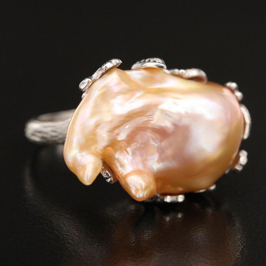 Sterling Pearl Ring with Foliate Detail
