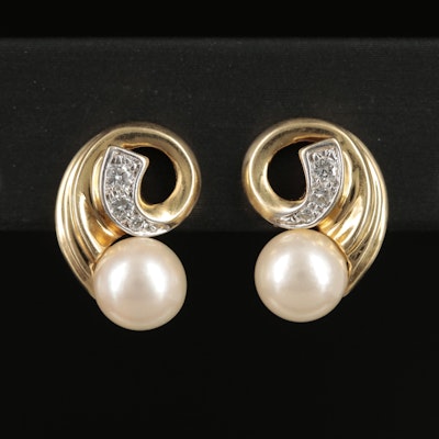 14K Pearl and Diamond Stud Earrings