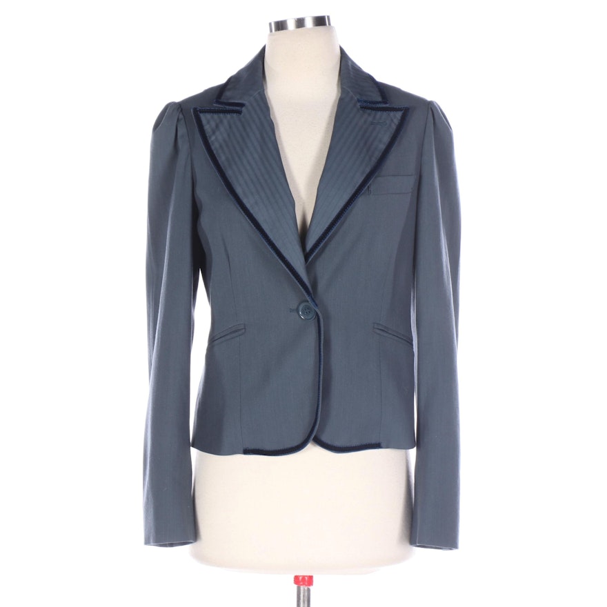 Marc Jacobs Short Blazer in Slate Blue with Velvet Trim and Puffed Sleeves