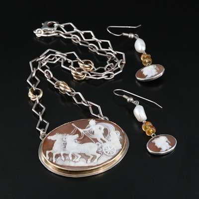 Cameo Necklace and Earrings with Sterling and 14K Vintage and Antique Components