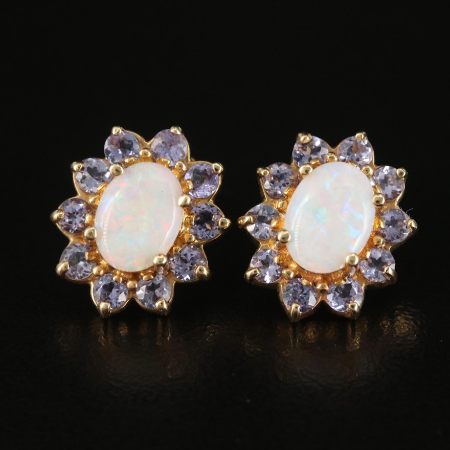 14K Opal and Tanzanite Stud Earrings