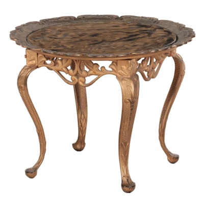 Rococo Style Gilt Cast Iron Table with Reverse-Painted Glass Top