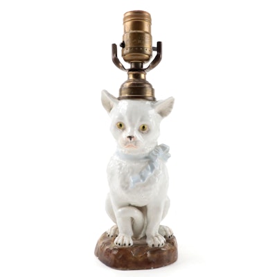 Porcelain Cat With Bow and Glass Eyes Table Lamp, Mid-20th Century