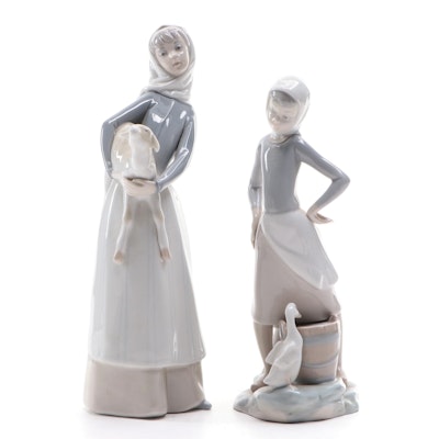 Lladró "Girl with Lamb" and "Girl with Milk Pail" Porcelain Figurines