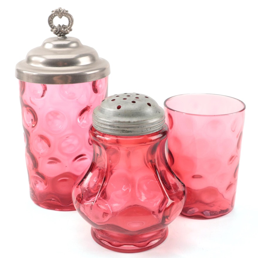 Silver Plate and  Cranberry Glass Vessels and Sugar Shaker, Early 20th C.