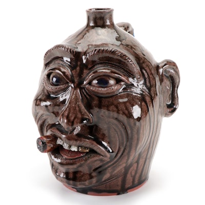 Daniel Boone Folk Art Pottery Glazed Stoneware Face Jug