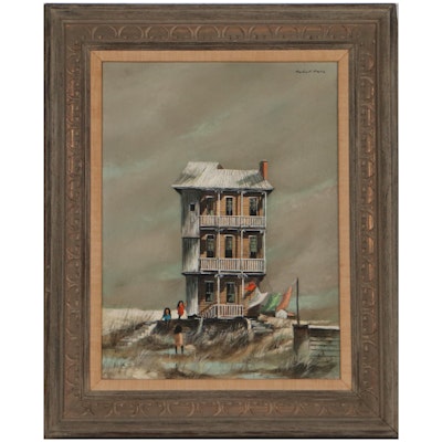 Robert Fabe Figural Tempera Painting "Beach House"